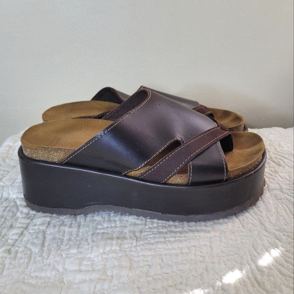 Vintage American Eagle Y2K Brown Platform Sandals 8 Chunky Wedge Cork Sole - Picture 2 of 10